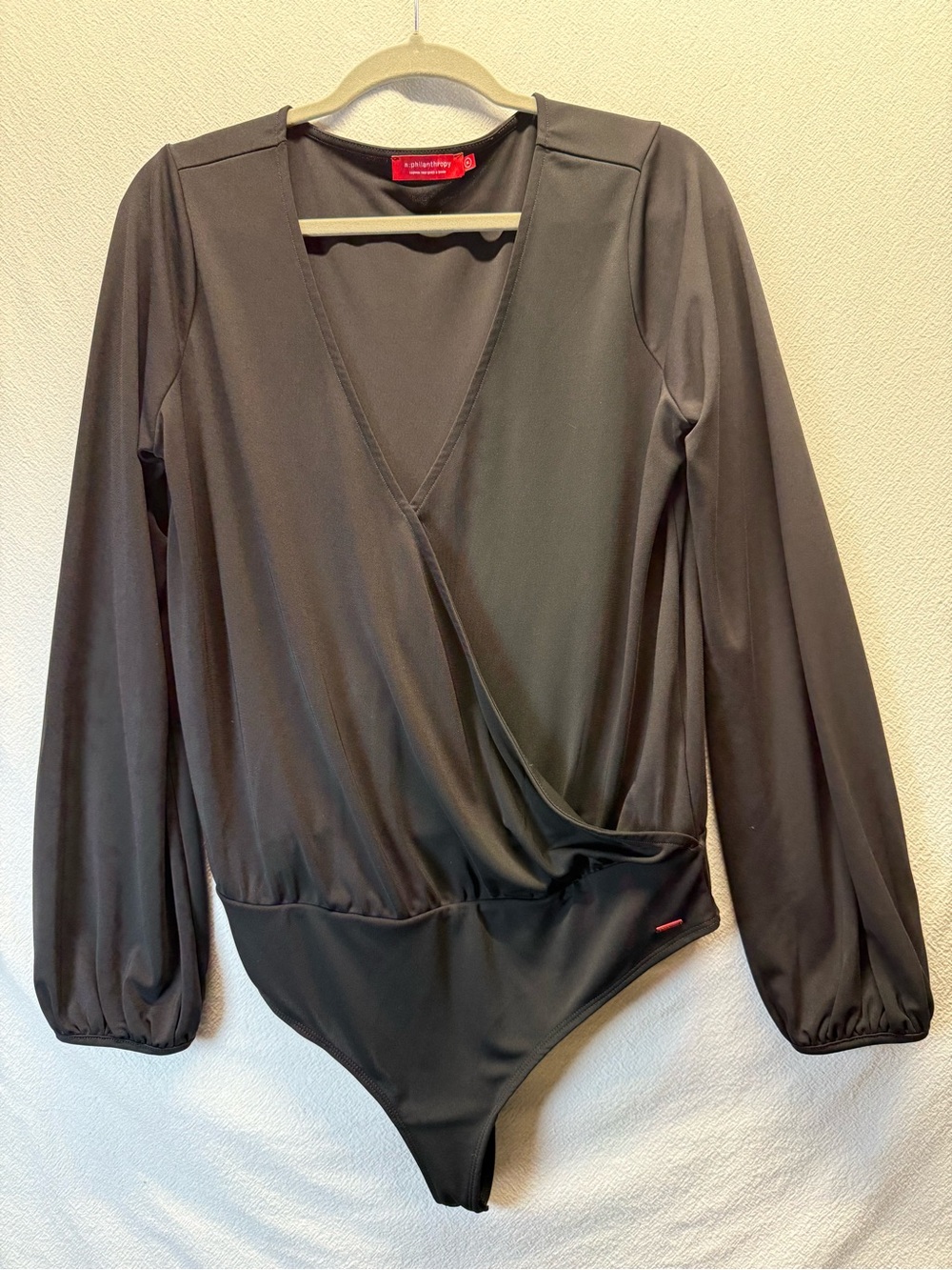 Work Siren or Date Nite PHILANTHROPY Black Long-Sleeve Wrap One-Piece Bodysuit